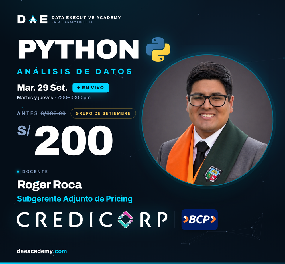 Curso Análisis de Datos con Python — inicio 29 de setiembre · Roger Roca · S/200