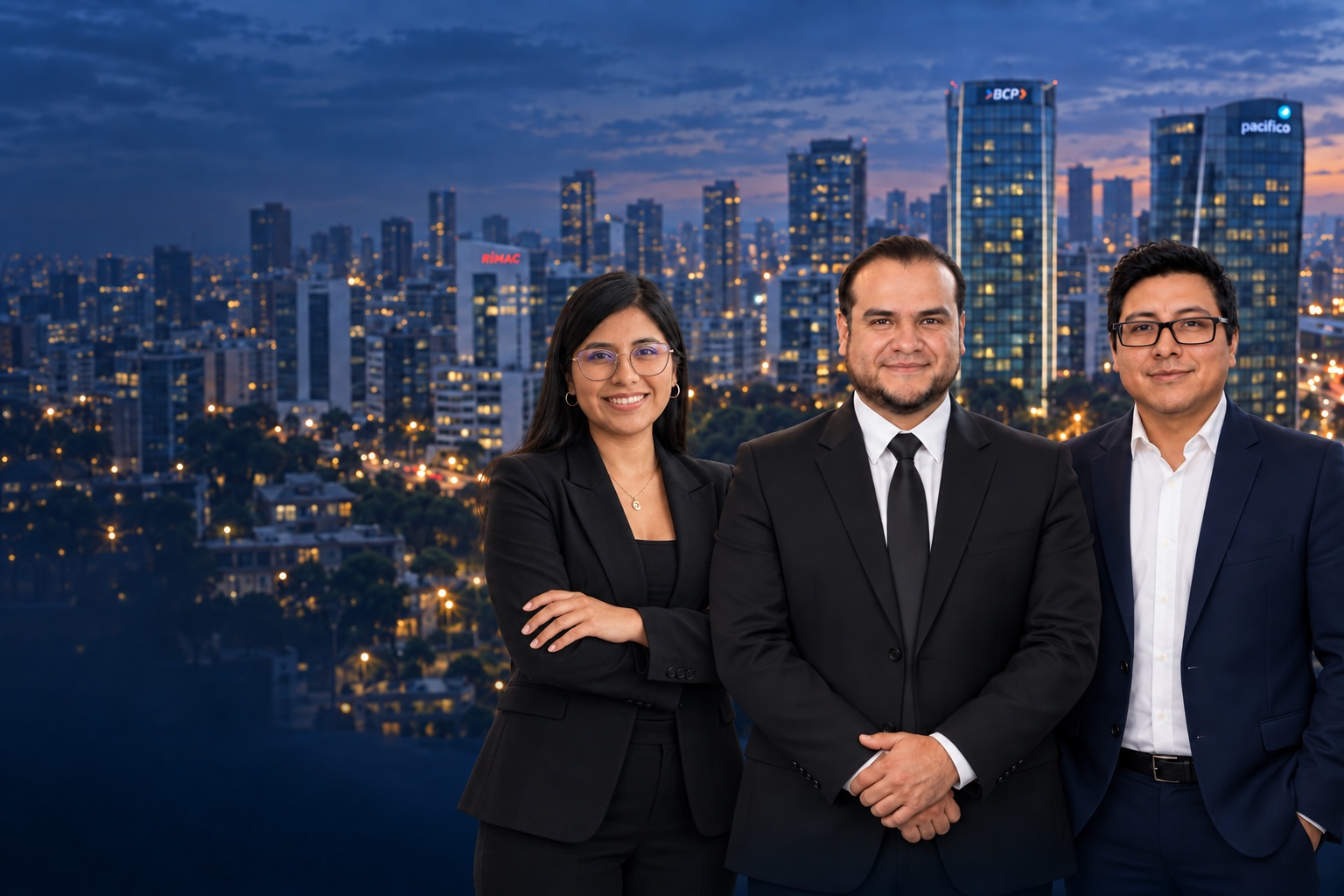Composición con IA: Jackelin Alejo, Jesús Tapia y Lázaro Monje juntos a la derecha. Fondo conceptual de San Isidro con edificios representativos de Rímac, BCP y Pacífico; no es una fotografía de una reunión real.